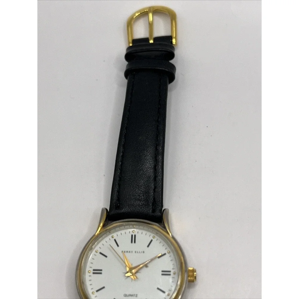 Perry Ellis Women's Quartz Watch Black‎ Leather Band Gold Case- New Battery